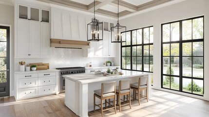 Bright and airy farmhouse kitchen design with a blank wall, perfect for adding personalized touches, 3D rendered