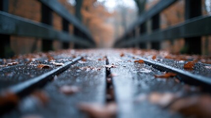 A wooden bridge path wet from rain, sprinkled with autumn leaves, illustrating a serene and moody fall scene in a forest with vibrant orange and brown colors.