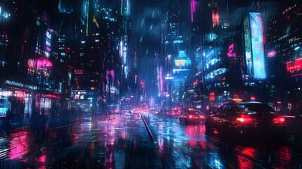 Fototapeta premium A futuristic city at night with neon lights casting reflections on rain-soaked roads
