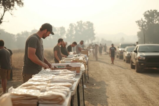 Mixed-Gender Volunteers Set Up Disaster Relief Shelter in Late Afternoon, Offering Food, Blankets, and First Aid for Fire Evacuees