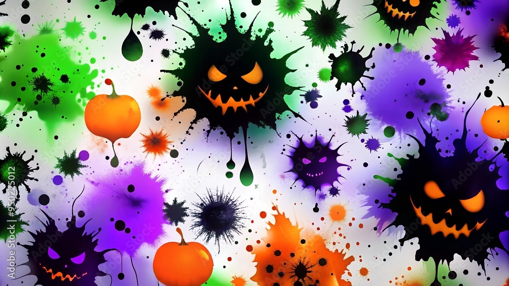 Poster abstract colorful splashes with smiling faces on a halloween-themed background