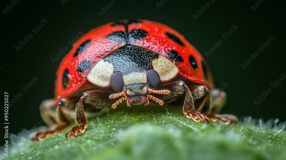 Poster a high-detail close-up of a ladybug on a leaf, focusing on its bright red shell and small black spot
