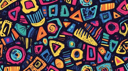 Hippie-style geometric patterns with colorful, hand-drawn shapes and designs