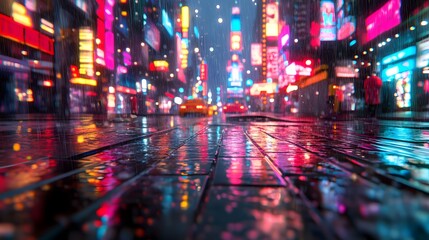 Obraz premium A 3D-rendered cityscape with neon accents and wet streets reflecting colorful lights