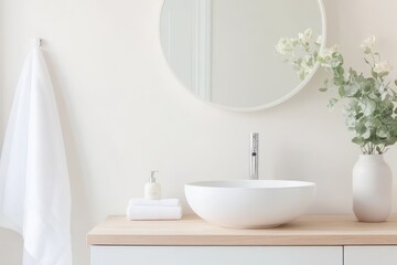 Fototapeta premium Minimalist Neutral Bathroom Mirror with Sleek Frame and Modern Aesthetics