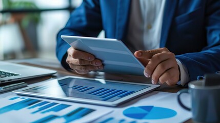 Obraz premium Businessman using tablet analyzing sales data and financial report, business growth graph chart.