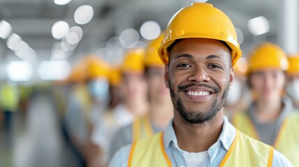 people wearing yellow hard hat protective safety helmet in a workshop, occupational health and safety, workplace protection, industrial environment, safety gear