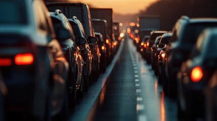 Obraz premium A long line of vehicles stuck in traffic as they head into the evening, with headlights and taillights forming a continuous stream of lights stretching into the distance.
