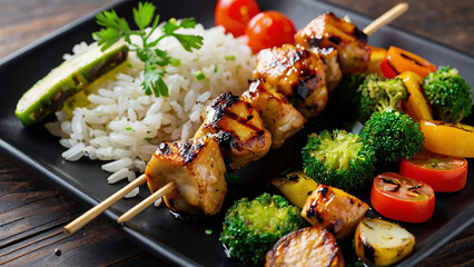 Grilled Chicken Skewers with Rice Salad.