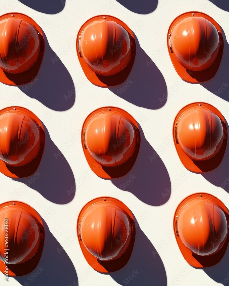Poster pattern of vibrant red fireman helmets on a soft white background with shadows, crisp sunny day mood