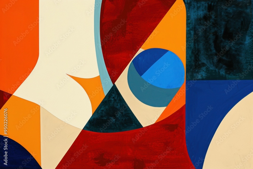 Poster abstract geometric composition featuring vibrant colors and shapes, creating a dynamic visual impact