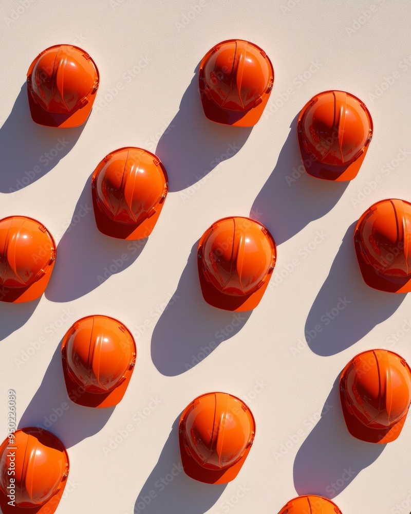 Aufkleber vibrant red fireman helmets on soft white background with shadows creating depth and clean compositi