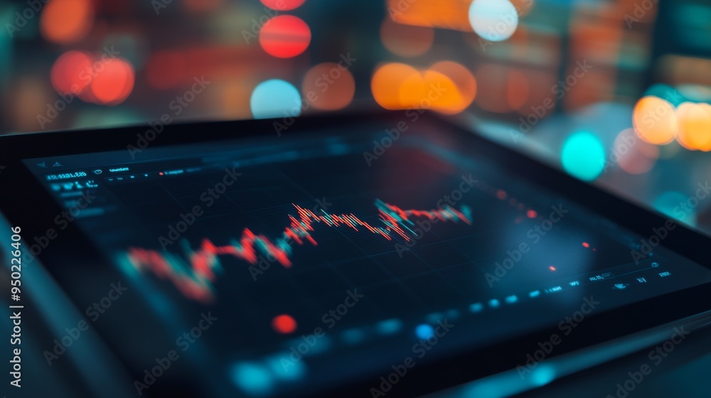 Aufkleber A high-resolution image of a financial graph on a tablet, showing real-time market data and trends with a focus on sharp, clear details.