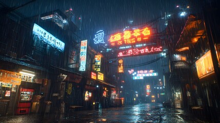Fototapeta premium A futuristic urban environment with neon signs illuminating rain-soaked streets