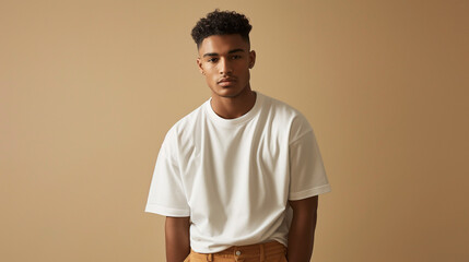 A young man wears an oversized white t-shirt with short sleeves and tan chinos, posing for the camera in front of a beige background for a minimalistic