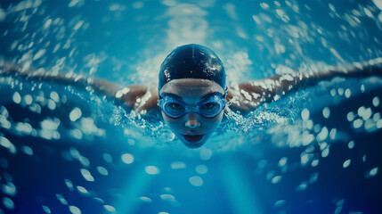 Female swimmer engaging in sports and fitness, training and competing with an active, healthy lifestyle.