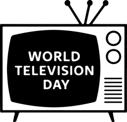 an old TV on legs with an antenna and “World Television Day” written on the screen. Vector minimalistic sketch on transparent background