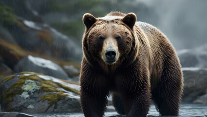 Fototapeta premium A brown bear walks through a rain-soaked stream, showcasing its wild nature amidst the falling droplets GENERATIVE AI