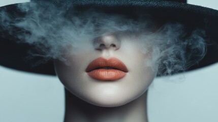 An enigmatic close-up of a woman's lips, adorned with matte lipstick under a black hat, bilowing smoke around them. The image presents mystery and allure in modern elegance.
