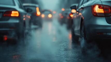 A scene depicting cars traveling on a wet road during a rainy evening, captured with reflections from their lights, creating a serene yet melancholic atmosphere.