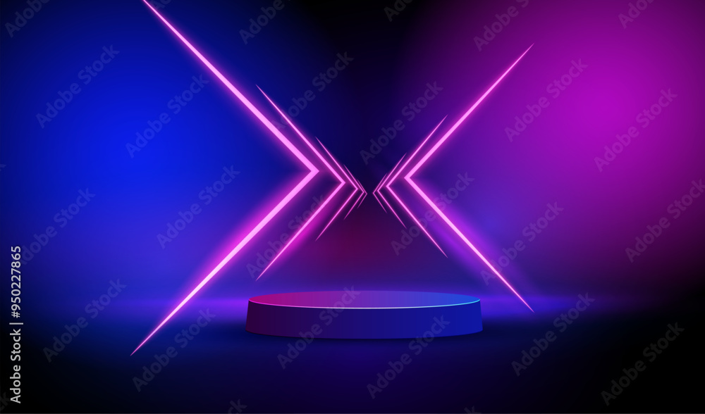 Poster ai podium with glowing neon lamps and light lines in futuristic gaming design. display scene illumin