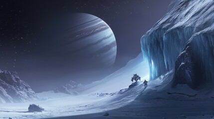 Dramatic lighting highlights a robot exploring Europa surface, with Jupiter looming large and an ice cave adding to the scene mystery.