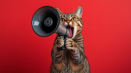 Cat holding a megaphone in its paws and shouting into it, set against a solid background. The scene humorously suggests an announcement of discounts and promotions at a pet store.