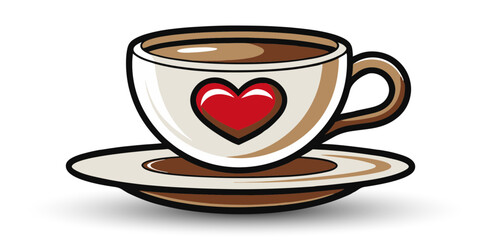 Cup with drink. White cup with heart. Vector illustration