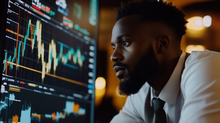 black man trader in glasses analyzes stock growth chart	