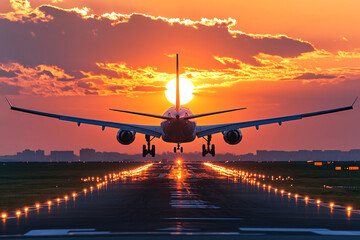 airplane approaches the runway during sunset with the glowing sun aligned directly behind the aircraft