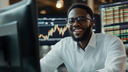 black man trader in glasses analyzes stock growth chart	