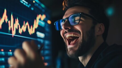 happy trader in glasses analyzes stock growth chart	
