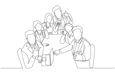 Continuous one line drawing of office workers with thumbs up gesture, business teamwork concept, single line art.
