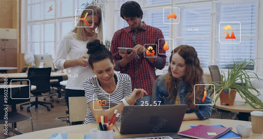 Poster animating data analytics and productivity icons over diverse people working in office