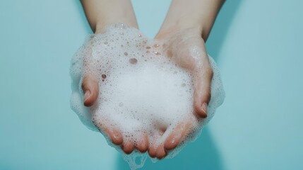 Naklejka premium top view of A woman hands washing with soap and bubbles