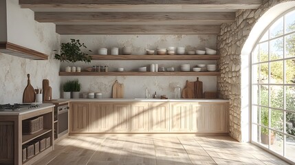 Rustic Kitchen with Sunlight Stream: A warm and inviting farmhouse kitchen with wooden beams, open shelving, and a large arched window that floods the space with sunlight. The natural materials and ea