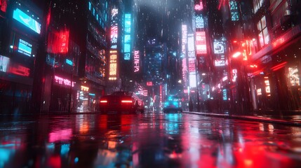 A 3D-rendered night scene in a futuristic city with neon lights and wet surfaces