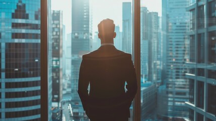 Successful businessman in suit standing in office looking through window.