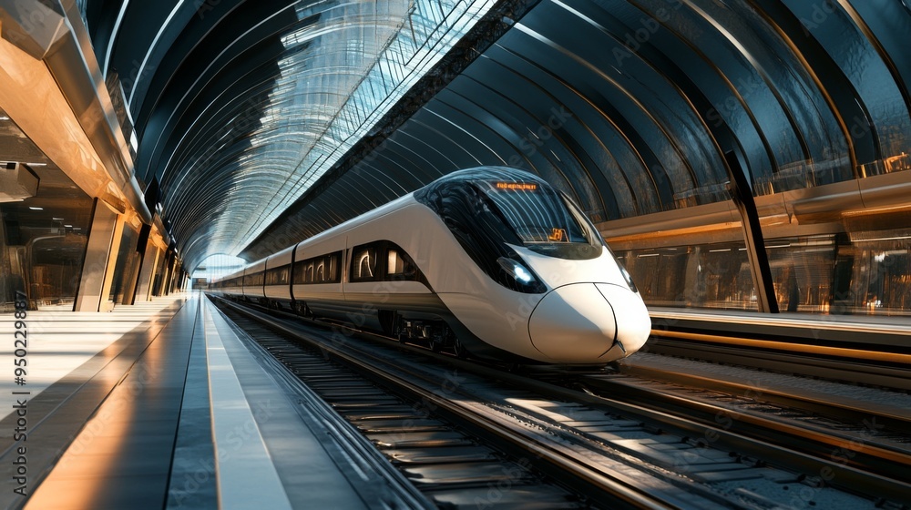 Poster a high-speed train arriving at a futuristic station with sleek architecture and advanced facilities,