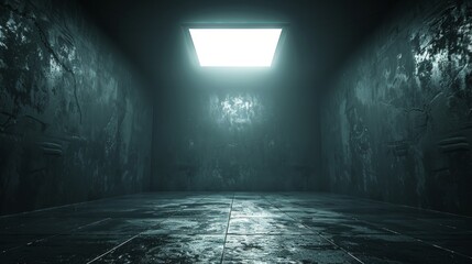 Dimly lit interrogation room featuring a single overhead light for enhanced suspense