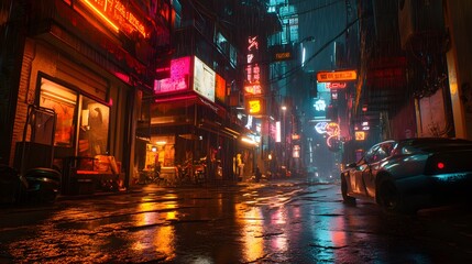 Fototapeta premium A cyberpunk street at night with neon lights illuminating the rain-soaked pavement