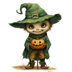 Fototapeta premium Adorable Cartoon Witch Holding Pumpkin - Cute Halloween Character in Green Hat and Cloak