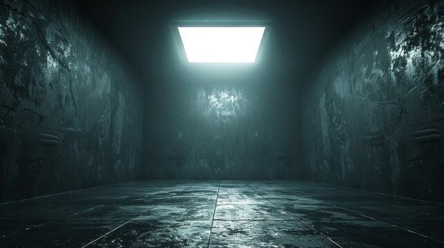 Dimly lit interrogation room featuring a single overhead light for enhanced suspense