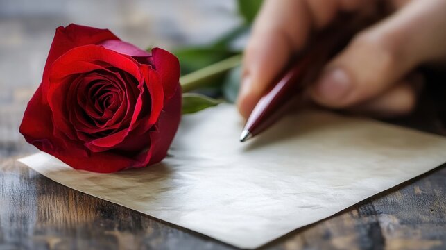 a person writing on paper with pen and a rose