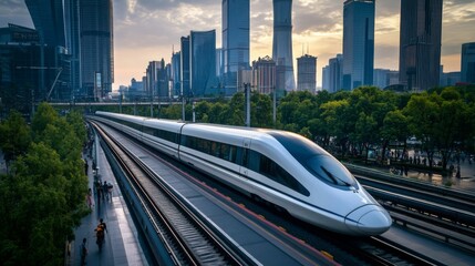 A high-speed train in a metropolitan area, surrounded by skyscrapers and bustling streets, showcasing its role in modern urban transportation.