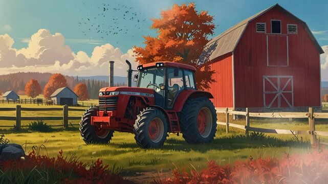 a beautiful digital painting of a vintage tractor in front of a barn with a large field. Seamless looping 4k video animation