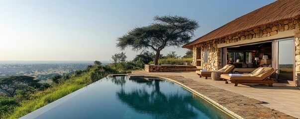 Obraz premium Luxury safari lodge with panoramic views, African safari lodge accommodation experience, tranquil retreat