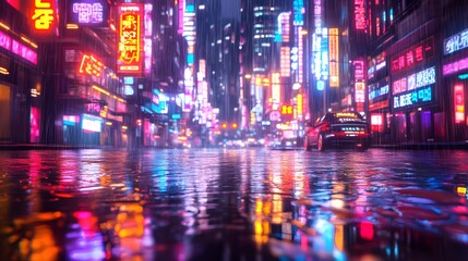 A futuristic urban landscape with glowing neon signs and wet streets reflecting the light