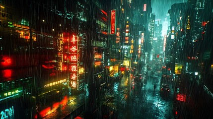 A detailed 3D rendering of a cyberpunk city with neon lights and rain-soaked surfaces