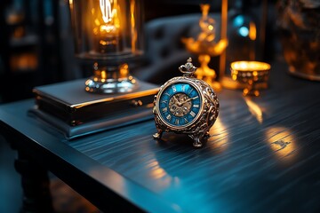 Antiques in a dimly lit study, captured in a photo where the warm, ambient light enhances the rich textures and detailed craftsmanship of the items on display